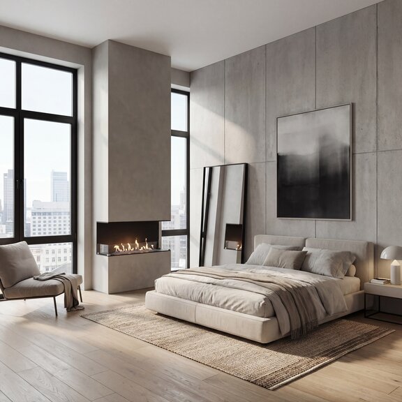 Montreal a flat with a 3-sided design, adjoining the bedroom, featuring a concrete wall, a large bed and a view over the city