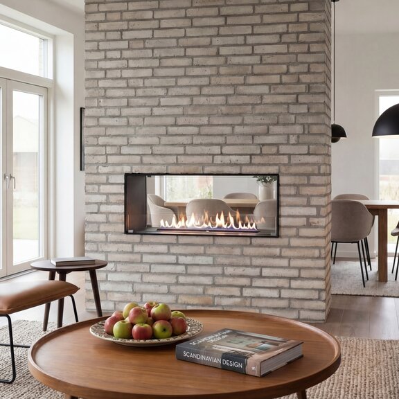 Montreal tunnel built into a stone wall in a modern living room with an armchair and a sofa in brown leather