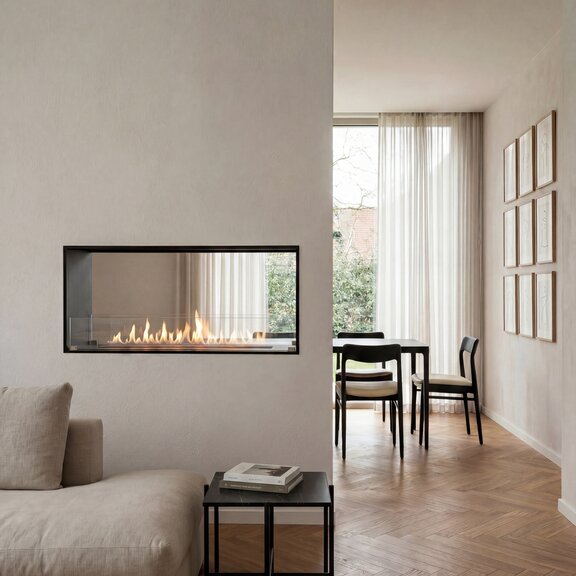 Montreal tunnel incorporated into a modern living room with wooden flooring and a beige sofa