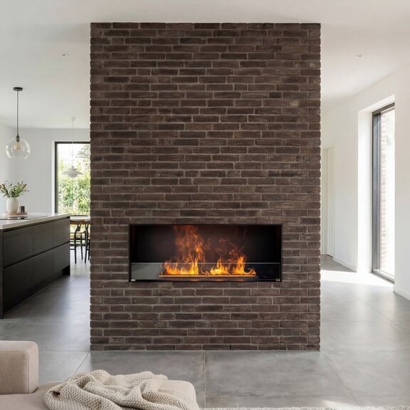 Hybrid Mist Electric Fire Front stone cladding kitchen