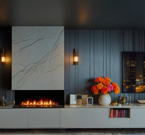Electric fire Montreal 3-sided in dark modern living room
